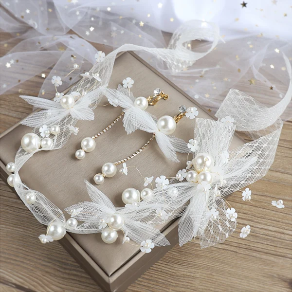 Elegant Ivory Bridal Jewelry 2020 Lace-up Flower Pearl Earrings Headbands Bridal Hair Accessories