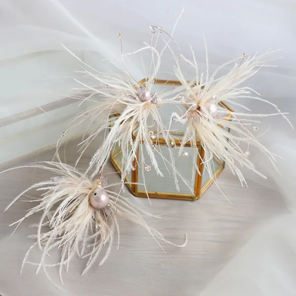 LBBA Crystal Pearl Wedding Hair Comb with Feather Plume & Silk Petals Ostrich Plume Comb / Ivory