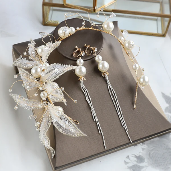 Chic / Beautiful Gold Bridal Jewelry 2020 Alloy Beading Pearl Tassel Earrings Hair Hoop Headpieces Wedding Accessories