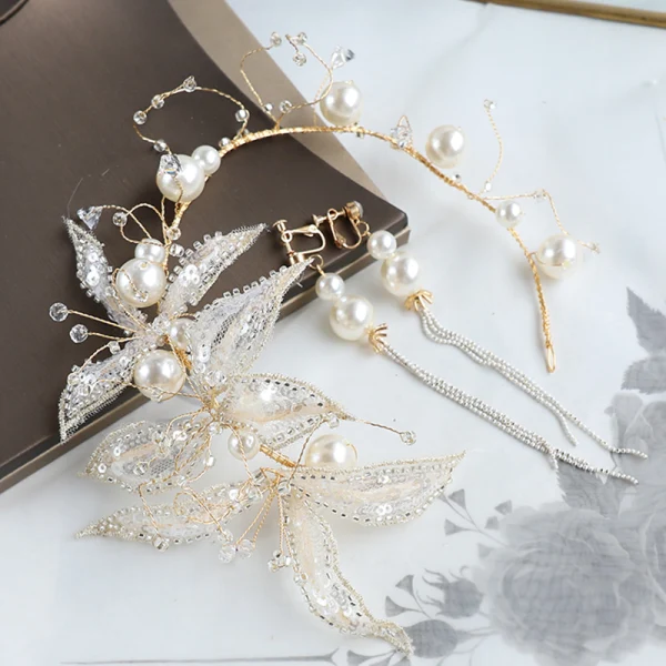 Chic / Beautiful Gold Bridal Jewelry 2020 Alloy Beading Pearl Tassel Earrings Hair Hoop Headpieces Wedding Accessories
