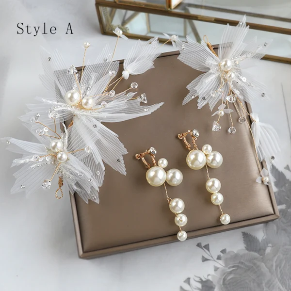 Schöne Ivory / Creme Seidenblume Brautschmuck 2020 Legierung Perle Kristall Ohrringe Kopfschmuck Hochzeit Brautaccessoires