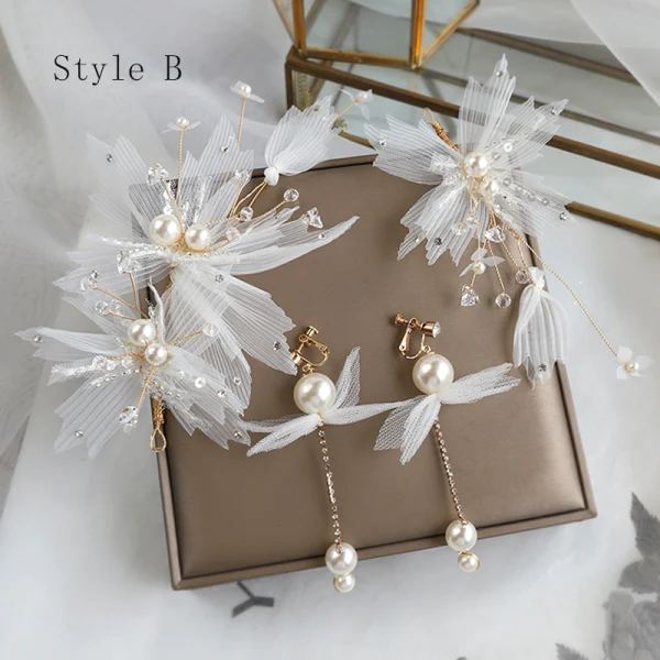 Schöne Ivory / Creme Seidenblume Brautschmuck 2020 Legierung Perle Kristall Ohrringe Kopfschmuck Hochzeit Brautaccessoires