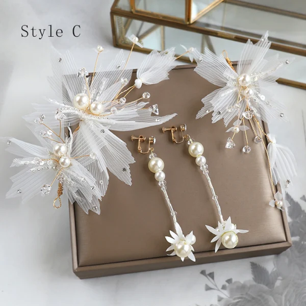 Schöne Ivory / Creme Seidenblume Brautschmuck 2020 Legierung Perle Kristall Ohrringe Kopfschmuck Hochzeit Brautaccessoires