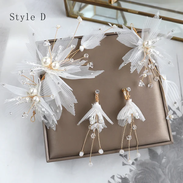 Schöne Ivory / Creme Seidenblume Brautschmuck 2020 Legierung Perle Kristall Ohrringe Kopfschmuck Hochzeit Brautaccessoires
