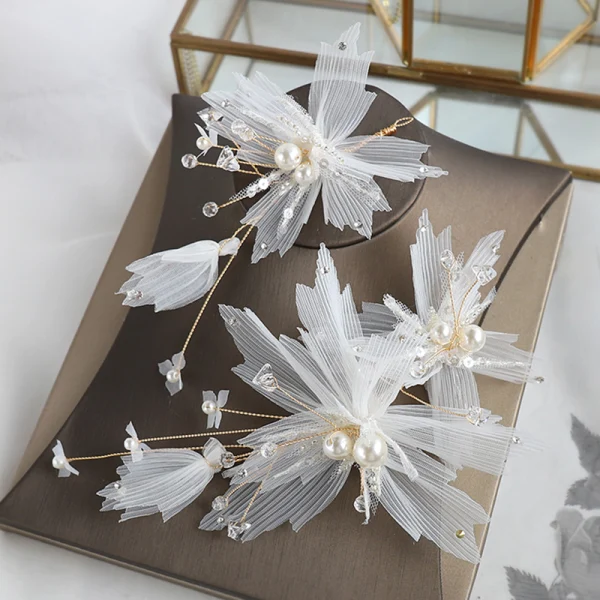 Schöne Ivory / Creme Seidenblume Brautschmuck 2020 Legierung Perle Kristall Ohrringe Kopfschmuck Hochzeit Brautaccessoires
