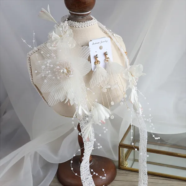 Vintage / Retro White Bridal Jewelry 2020 Silk Flower Pearl Earrings Headbands Wedding Accessories
