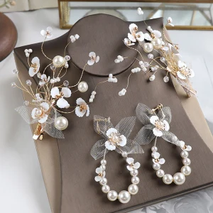Chic Beautiful Gold Headpieces Earrings Bridal Jewelry 2020 Alloy Beading Pearl Wedding Accessories