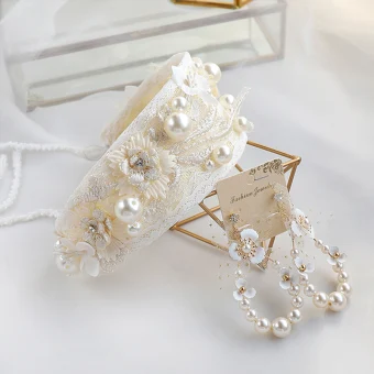 Vintage Retro Champagne Headbands Earrings Bridal Jewelry 2020 Pearl Lace Up Headpieces Wedding Accessories