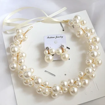 Elegant Gold Earrings Headbands Bridal Jewelry 2020 Alloy Lace Up Pearl Headpieces Wedding Accessories