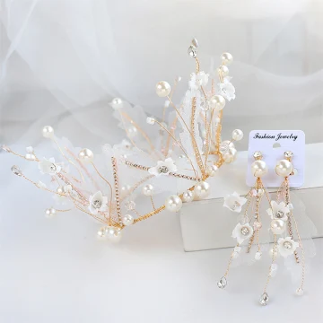 Mooie Prachtige Goud Tiara Oorbellen Bruidssieraden 2020 Legering Parel Rhinestone Zijden Bloem Huwelijk Accessoires
