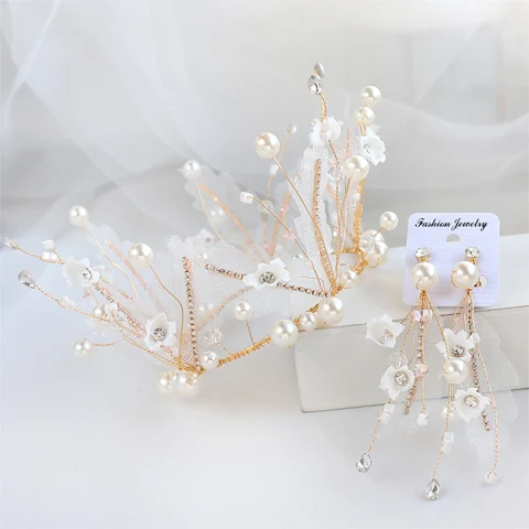 Mooie / Prachtige Goud Tiara Oorbellen Bruidssieraden 2020 Legering Parel Rhinestone Zijden Bloem Huwelijk Accessoires