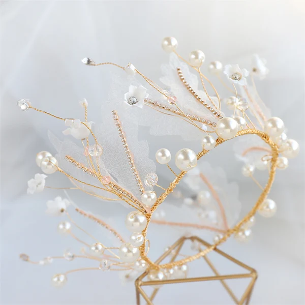 Schöne Gold Diadem Ohrringe Brautschmuck 2020 Legierung Perle Strass Seidenblume Hochzeit Brautaccessoires