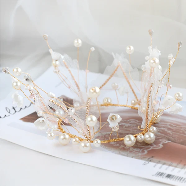 Schöne Gold Diadem Ohrringe Brautschmuck 2020 Legierung Perle Strass Seidenblume Hochzeit Brautaccessoires