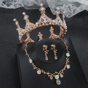 Klassisch Gold Diadem Ohrringe Halskette Brautschmuck 2020 Legierung Perlenstickerei Perle Strass Hochzeit Brautaccessoires