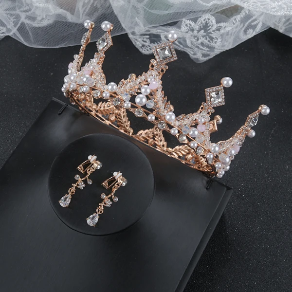 Classic Gold Tiara Earrings Necklace Bridal Jewelry 2020 Alloy Beading Pearl Rhinestone Wedding Accessories