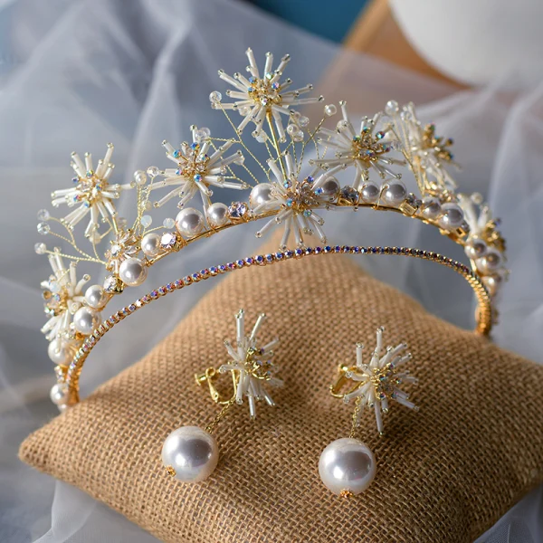 High-end Gull Øredobber Tiara Brudesmykker 2020 Legering Beading Perle Bryllup Tilbehør