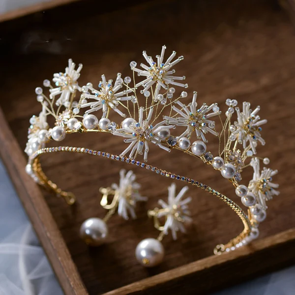 High-end Gull Øredobber Tiara Brudesmykker 2020 Legering Beading Perle Bryllup Tilbehør
