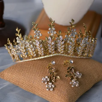 High End Gold Tiara Earrings Bridal Jewelry 2020 Alloy Leaf Rhinestone Wedding Accessories