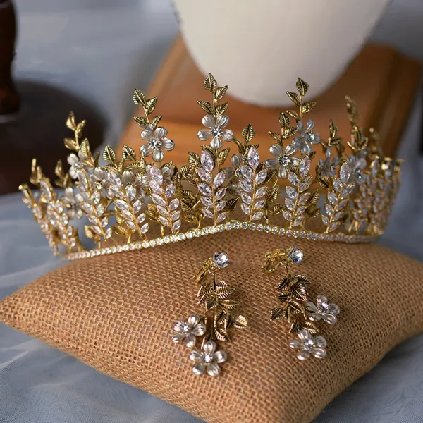 Wysokiej Klasy Złote Tiara Kolczyki Biżuteria Ślubna 2020 Stop Liść Rhinestone Ślub Akcesoria