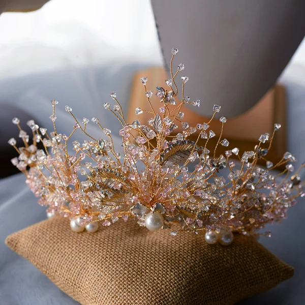 Chic / Belle Doré Tiare Boucles D'Oreilles Bijoux Mariage 2020 Alliage Feuille Cristal Perle Mariage Accessorize