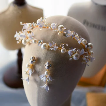 Fine Gull Tiara Øredobber Brudesmykker 2020 Legering Blomst Perle Rhinestone Bryllup Tilbehør