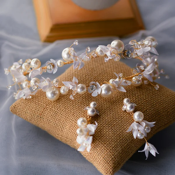 Fine Gull Tiara Øredobber Brudesmykker 2020 Legering Blomst Perle Rhinestone Bryllup Tilbehør