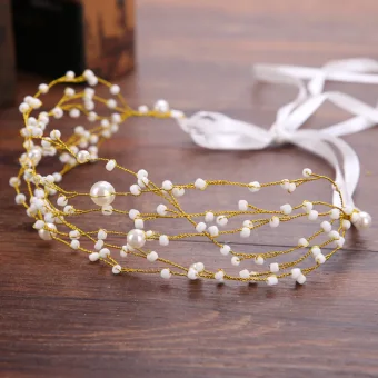 Elegant Gold Headbands Bridal Hair Accessories 2020 Alloy Lace Up Beading Pearl Headpieces Wedding Accessories
