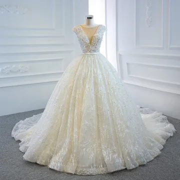 Luxury Gorgeous Ivory Bridal Wedding Dresses 2020 Ball Gown See Through Deep V Neck Sleeveless Backless Appliques Lace Beading Pearl Bow Sash