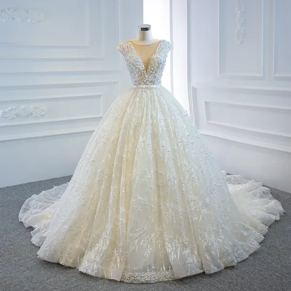 Luxury / Gorgeous Ivory Bridal Wedding Dresses 2020 Ball Gown See-through Deep V-Neck Sleeveless Backless Appliques Lace Beading Pearl Bow Sash