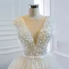 Luxury / Gorgeous Ivory Bridal Wedding Dresses 2020 Ball Gown See-through Deep V-Neck Sleeveless Backless Appliques Lace Beading Pearl Bow Sash