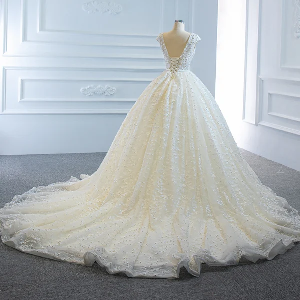 Luxe Ivoire La Mariée Robe De Mariée 2020 Robe Boule Transparentes Col v profond Sans Manches Dos Nu Appliques En Dentelle Perlage Perle Noeud Ceinture