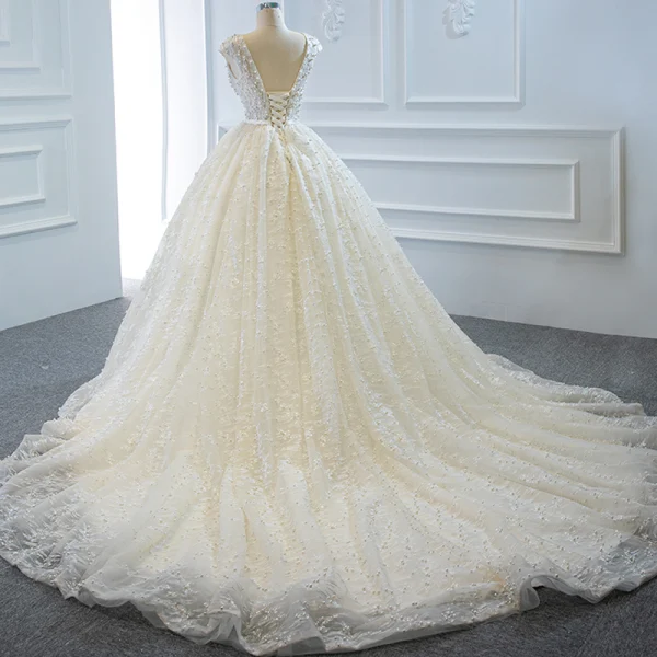 Luxe Ivoire La Mariée Robe De Mariée 2020 Robe Boule Transparentes Col v profond Sans Manches Dos Nu Appliques En Dentelle Perlage Perle Noeud Ceinture