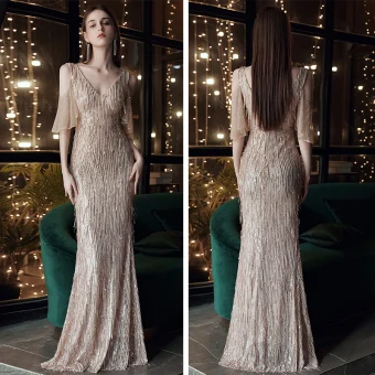 Chic Belle Doré Robe De Soirée 2020 Trompette Sirène V Cou Manches Courtes Faux Diamant Paillettes Longue Dos Nu Robe De Ceremonie