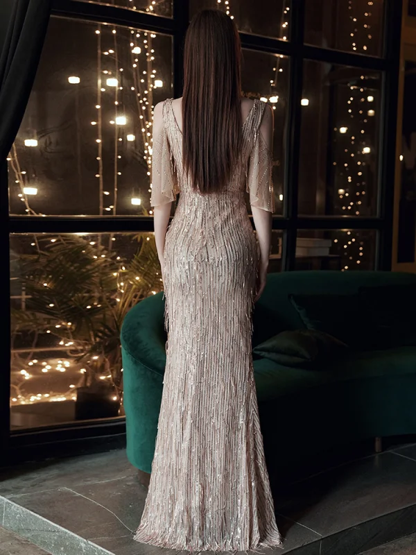 Chic / Belle Doré Robe De Soirée 2020 Trompette / Sirène V-Cou Manches Courtes Faux Diamant Paillettes Longue Dos Nu Robe De Ceremonie