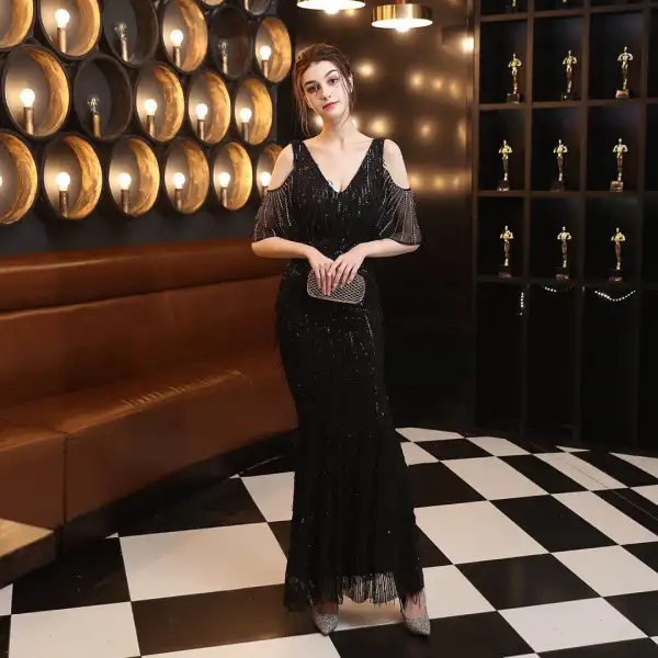 Chic / Belle Doré Robe De Soirée 2020 Trompette / Sirène V-Cou Manches Courtes Faux Diamant Paillettes Longue Dos Nu Robe De Ceremonie