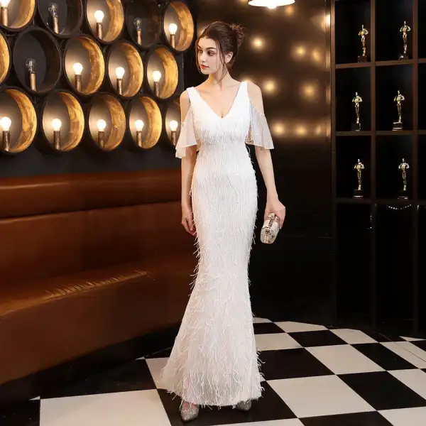 Chic / Belle Doré Robe De Soirée 2020 Trompette / Sirène V-Cou Manches Courtes Faux Diamant Paillettes Longue Dos Nu Robe De Ceremonie