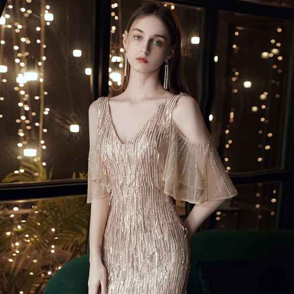 Chic / Belle Doré Robe De Soirée 2020 Trompette / Sirène V-Cou Manches Courtes Faux Diamant Paillettes Longue Dos Nu Robe De Ceremonie