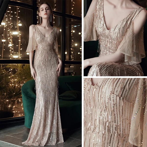 Chic / Belle Doré Robe De Soirée 2020 Trompette / Sirène V-Cou Manches Courtes Faux Diamant Paillettes Longue Dos Nu Robe De Ceremonie