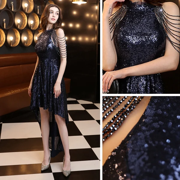 Scintillantes Bleu Marine Robe De Cocktail 2020 Princesse Encolure Dégagée Sans Manches Paillettes Perlage Asymétrique Robe De Ceremonie