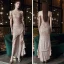 Scintillantes Or Rose Robe De Soirée 2020 Trompette / Sirène Transparentes Encolure Dégagée Manches Courtes Paillettes Asymétrique Volants Robe De Ceremonie