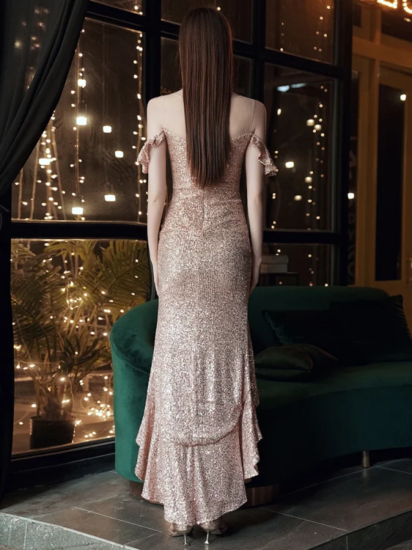 rose gold matric dresses A-line Elegant Sparkly Sequin Rose Gold Popular Modest Long Party Even –  bridalsew