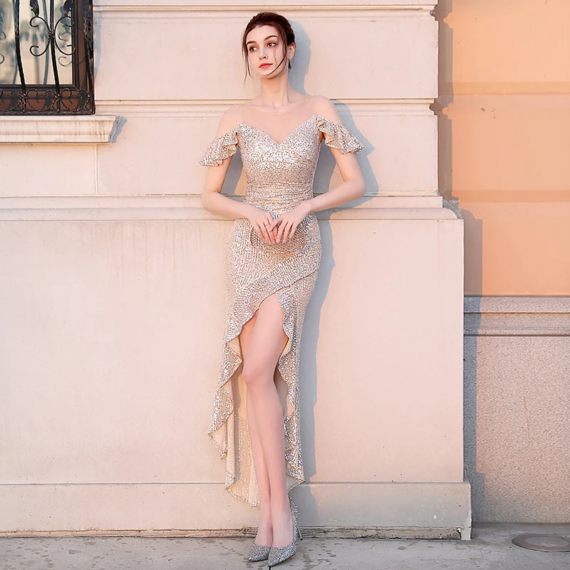 Sparkly Rose Gold Evening Dresses 2020 Trumpet Mermaid See Through Scoop  Neck Short Sleeve Sequins Asymmetrical Ruffle Formal Dresses