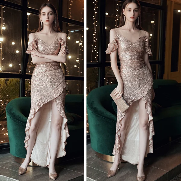 Scintillantes Or Rose Robe De Soirée 2020 Trompette / Sirène Transparentes Encolure Dégagée Manches Courtes Paillettes Asymétrique Volants Robe De Ceremonie