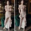 Scintillantes Or Rose Robe De Soirée 2020 Trompette / Sirène Transparentes Encolure Dégagée Manches Courtes Paillettes Asymétrique Volants Robe De Ceremonie