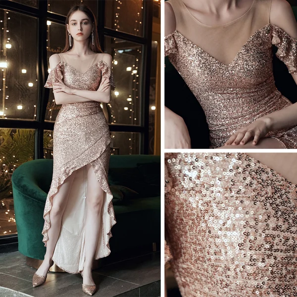 Scintillantes Or Rose Robe De Soirée 2020 Trompette / Sirène Transparentes Encolure Dégagée Manches Courtes Paillettes Asymétrique Volants Robe De Ceremonie