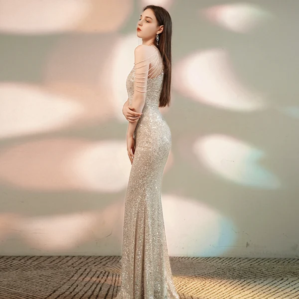 Sparkly Champagne Evening Dresses  2020 Trumpet / Mermaid Scoop Neck Sleeveless Sequins Beading Floor-Length / Long Formal Dresses