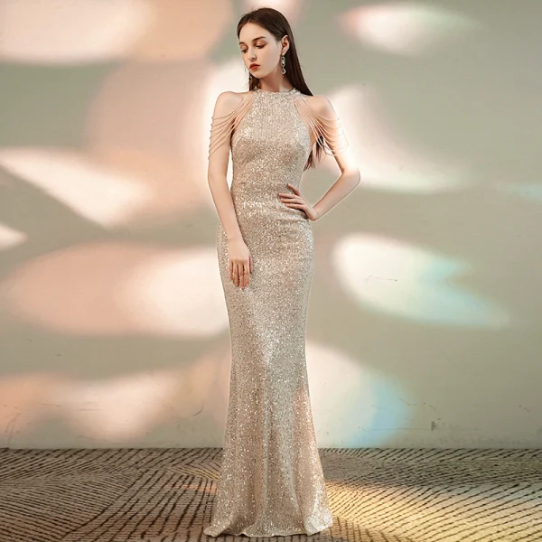 Sparkly Champagne Evening Dresses  2020 Trumpet / Mermaid Scoop Neck Sleeveless Sequins Beading Floor-Length / Long Formal Dresses