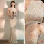 Sparkly Champagne Evening Dresses  2020 Trumpet / Mermaid Scoop Neck Sleeveless Sequins Beading Floor-Length / Long Formal Dresses