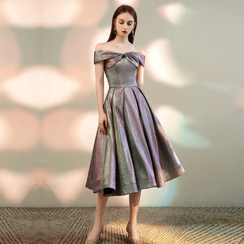 Mode Multifarben Heimkehr Abiballkleider 2020 A Linie Off Shoulder Kurze Ärmel Glanz Polyester Wadenlang Rüschen Rückenfreies Festliche Kleider