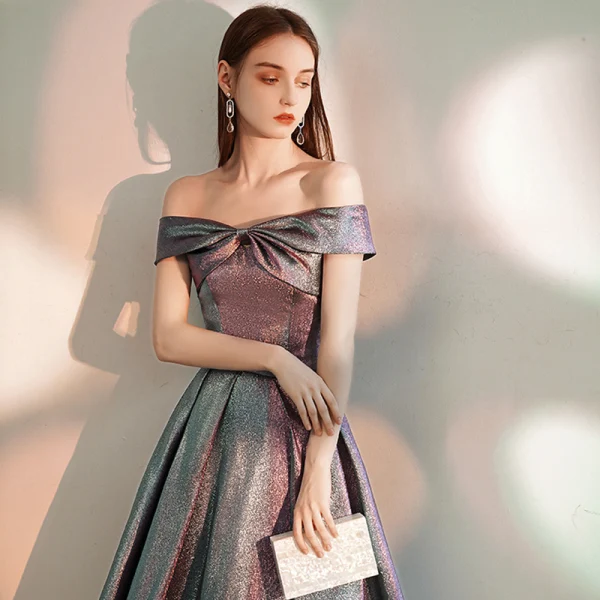 Fashion Multi-Colors Homecoming Graduation Dresses 2020 A-Line / Princess Off-The-Shoulder Short Sleeve Glitter Polyester Tea-length Ruffle Backless Formal Dresses